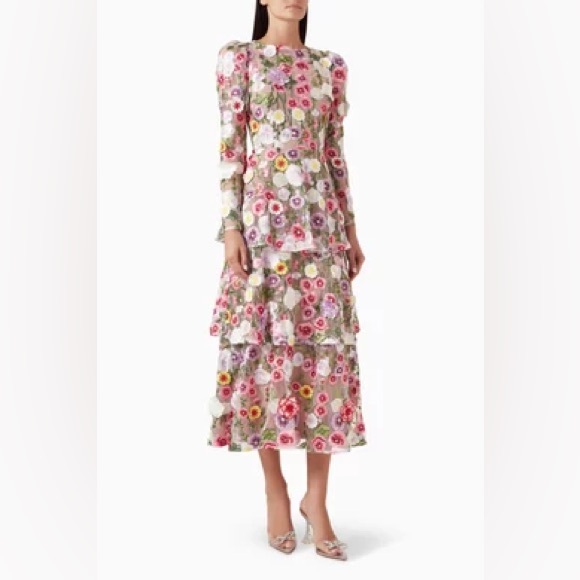 ELLIATT Neve Floral Tiered Gown Size S NWT Romantic Embroidered Mesh Midi Dress - Picture 4 of 8